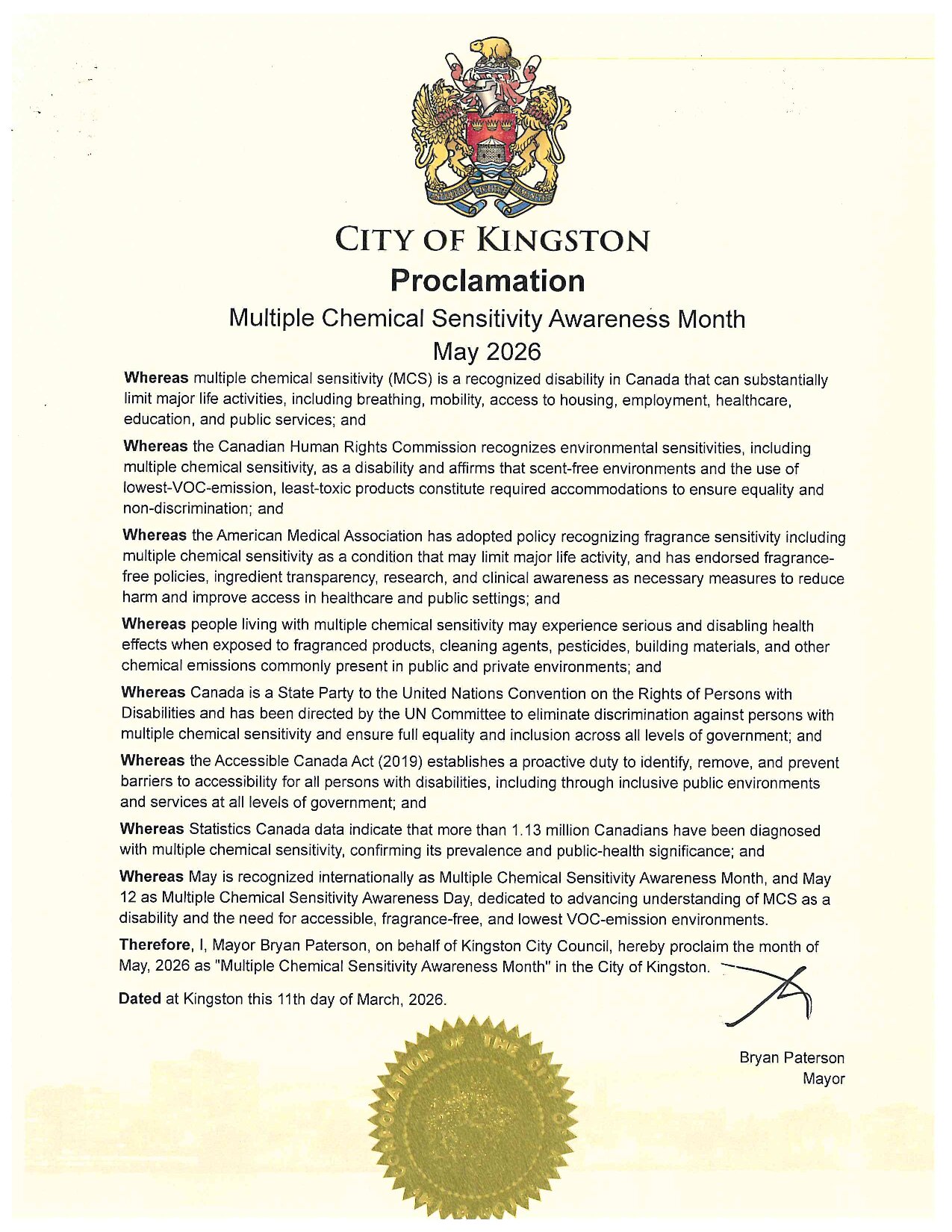 Proclamation Ville de Kingston
